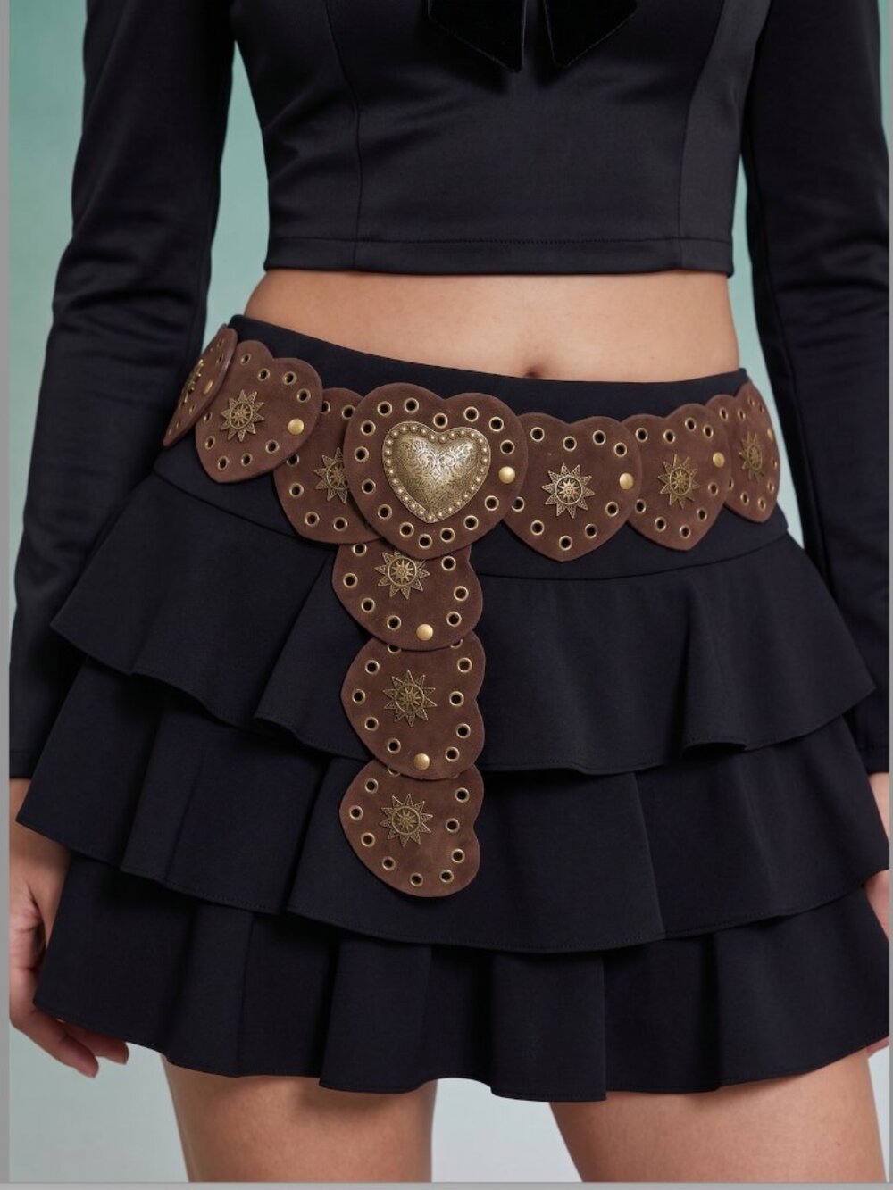 Brown Boho Heart Chain Hip Belt | Faux Suede Grommet & Studded Waist Belt |